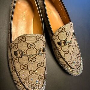 Gucci Brown Jordaan Monogram Loafers with Crystal embellishment